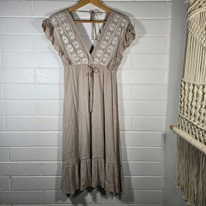 Ivy‎ May Embroidered Swiss Dot Midi Dress Small Tan Boho Cottagecore Lined